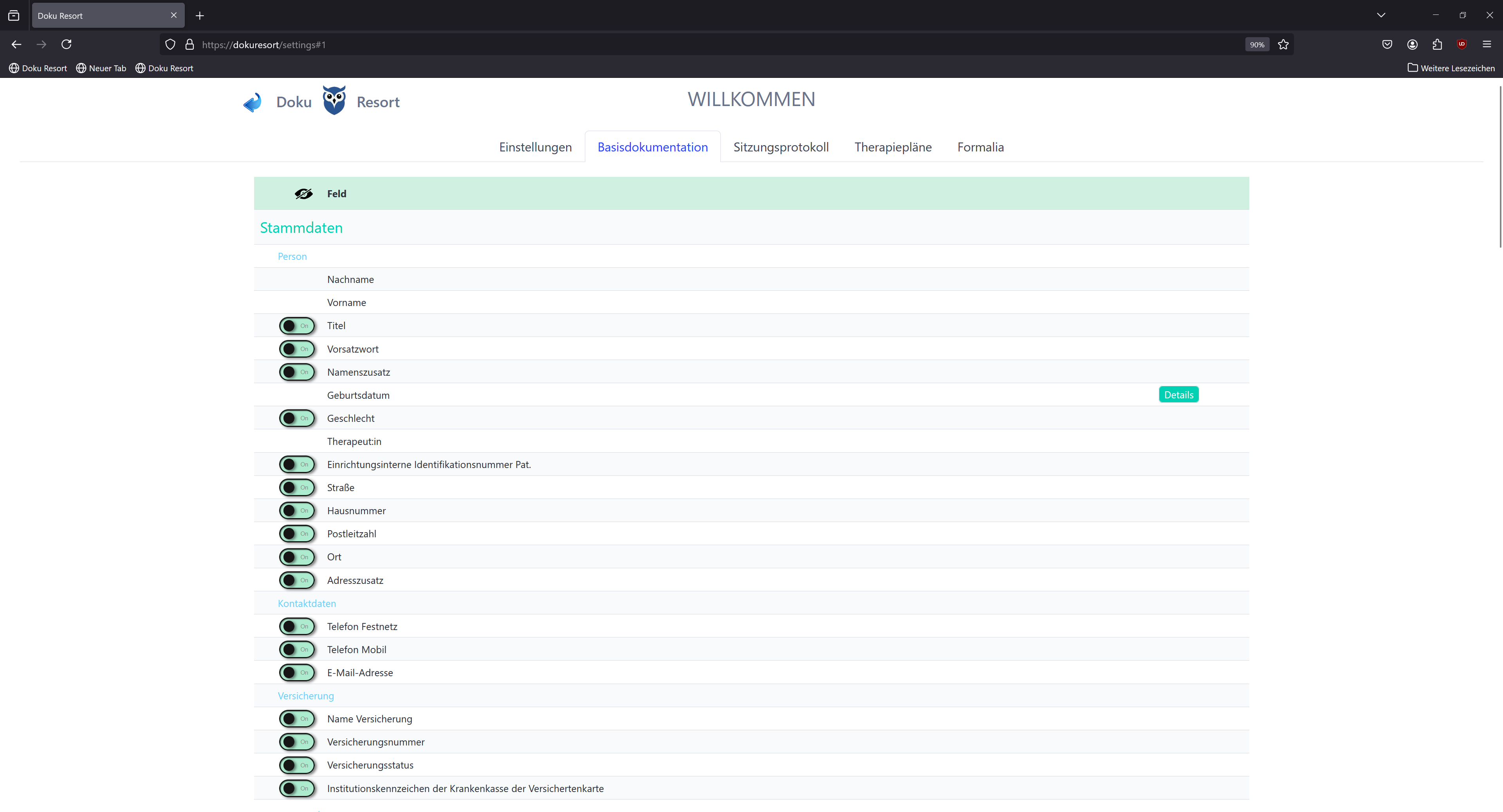 Basisdokumentation unter Settings