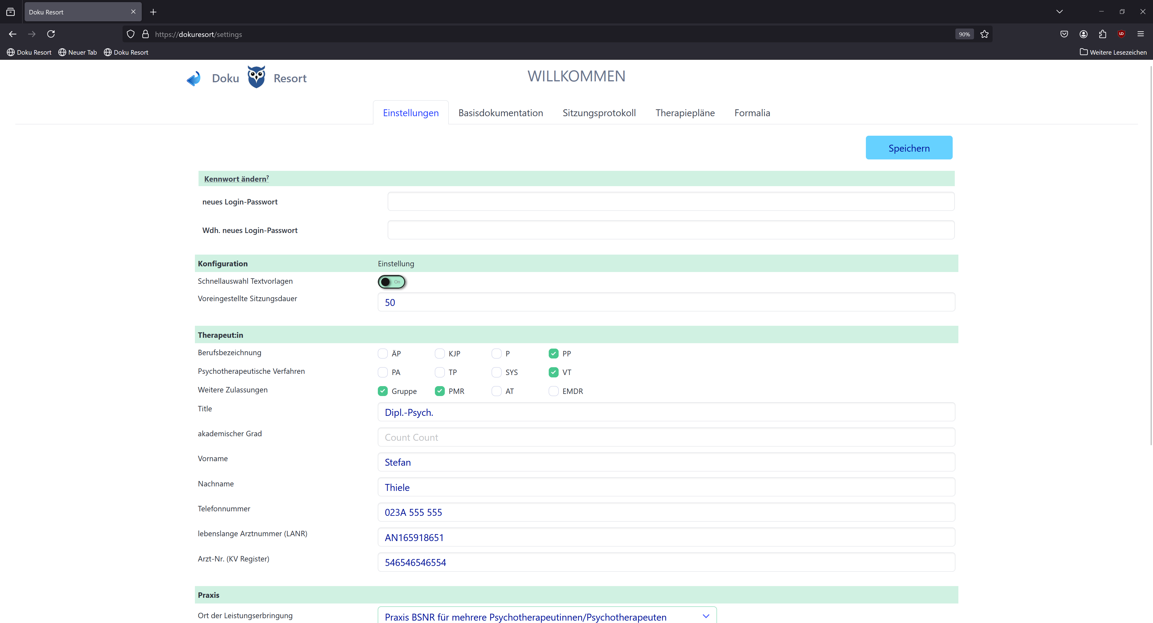 Einstellungen unter Settings