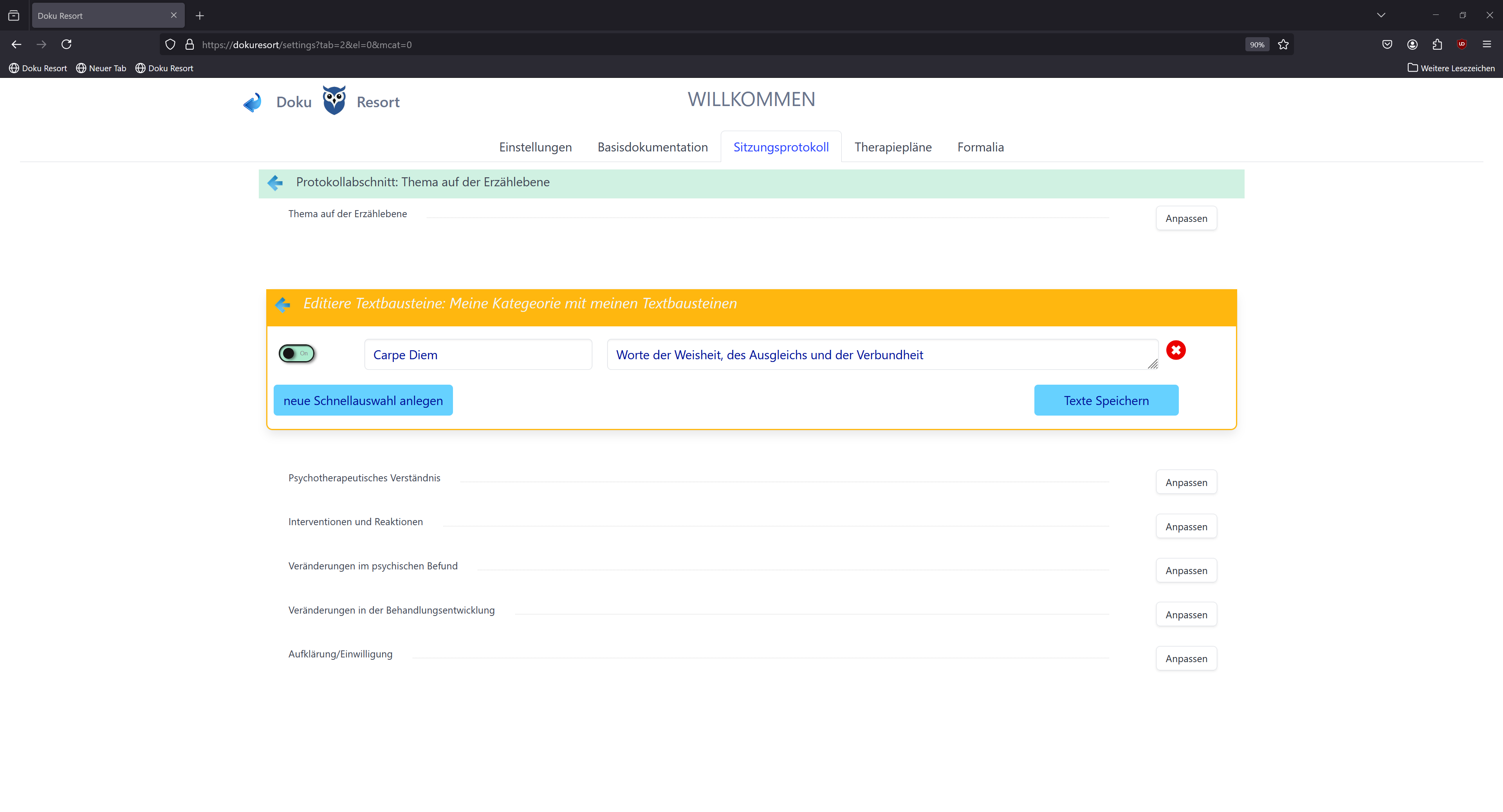 Sitzungsprotokoll unter Settings Textbausteine